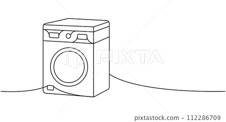 Washing machine one line continuous drawing. Cleaning service tools continuous one line illustration. Vector linear illustration. 112286709