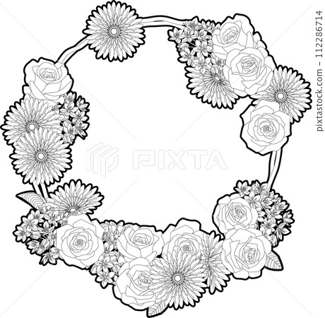 Background material <flower (flower arrangement) frame, wreath, circle, rose, gerbera, allium coigny, monochrome> Background material <flower (flower arrangement) frame, wreath, circle, rose, gerbera, allium coigny, monochrome> 112286714