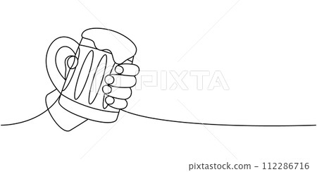 Hand holding a beer mug one line continuous drawing. Beer pub products continuous one line illustration. Vector linear illustration. 112286716