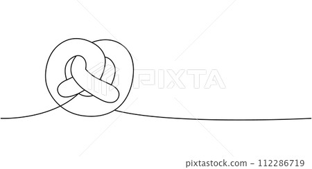 Bagel, bread one line continuous drawing. Beer pub products continuous one line illustration. Vector linear illustration. 112286719