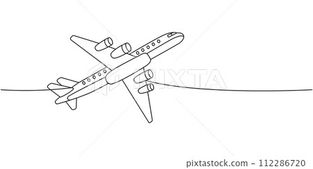 Jet airplane, passenger aircraft one line continuous drawing. Different air transport continuous one line illustration. Vector linear illustration 112286720