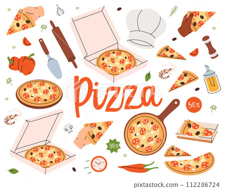 Whole and pieces italian pizza. Restaurant cafe menu. Traditional italian fast food. Vector illustration. 112286724