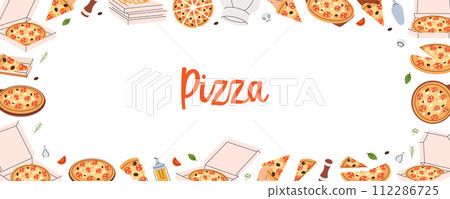 Pizza in horizontal banner. Traditional italian fast food. Restaurant cafe menu. Whole and pieces italian pizza. Vector illustration. 112286725