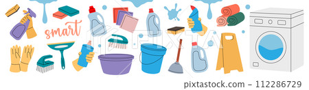 Housekeeping set. Toilet, washing machine, floor mop, bucket, plunger, scoop, sponges, washcloths, brushes, cleaners, gloves. Cleaning service tools. Housekeeping set. Toilet, washing machine, floor mop, bucket, plunger, scoop, sponges, washcloths, brushes, cleaners, gloves. Cleaning service tools. 112286729