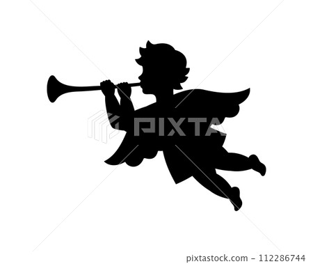 Cherub blowing into a tube. Cherub silhouette. Valentine's day. Love symbol. Vector illustration. 112286744