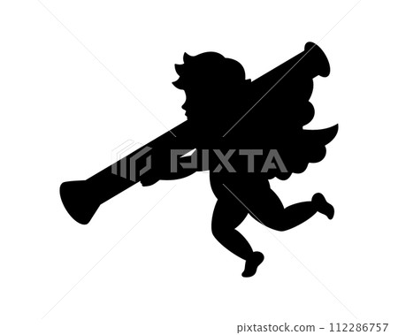 Angel with anti-tank rocket launcher. Cherub silhouette. Valentine's day. Love symbol. Vector illustration. Angel with anti-tank rocket launcher. Cherub silhouette. Valentine's day. Love symbol. Vector illustration. 112286757