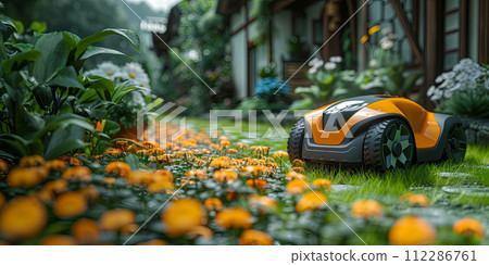 Robotic lawn mower is on a lush green lawn and ready to be used 112286761
