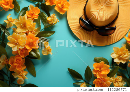 Summer composition. Orange flowers, straw hat and sunglasses on a turquoise background. Summer concept. Flat lay, top view Summer composition. Orange flowers, straw hat and sunglasses on a turquoise background. Summer concept. Flat lay, top view 112286771