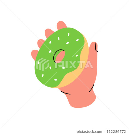 Hand holding donut with icing. Bakery sweet pastry food. Vector illustration. 112286772