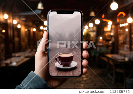 Mockup of a smartphone screen in a man's hand against the background of a night city with lights 112286785