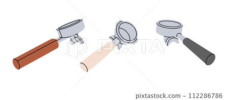 Coffee portafilters for coffee machine. Hand drawn elements for cafe menu, coffee shop. Vector illustration. Coffee portafilters for coffee machine. Hand drawn elements for cafe menu, coffee shop. Vector illustration. 112286786