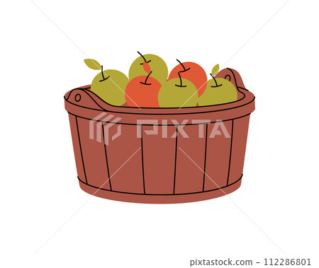 Basket with red and green apples. Apple fruits with leaves. Vector illustration. 112286801