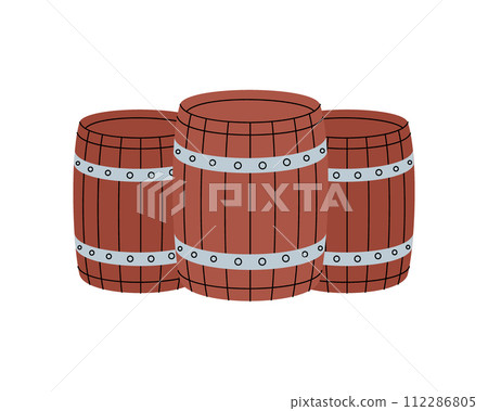 Wooden barrels. Old casks. Brewery factory production. Vector illustration. 112286805