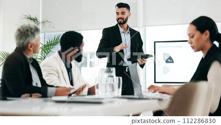 Presentation, chart and meeting with business man and tablet for planning, training and project management. Idea, strategy and data analysis with people in office for brainstorming, team and research 112286830