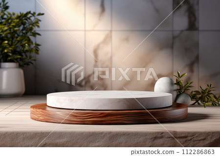 Stone podium or a stage with plants for displaying goods against the background of a wall with shadows 112286863