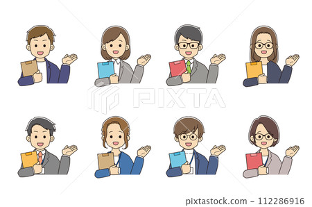 Young people in suits holding documents and giving guidance 112286916