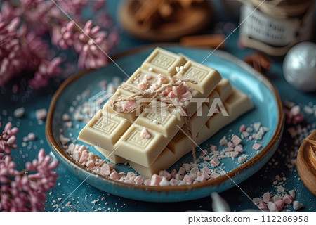 Bar of white chocolate tied with a ribbon and bow. Gift for White Day Bar of white chocolate tied with a ribbon and bow. Gift for White Day 112286958