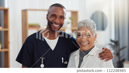 Support, homecare and face of caregiver with senior woman in a living room with happy, hug or bonding. Healthcare, portrait and man nurse embrace old patient with service, recovery or progress pride 112286985