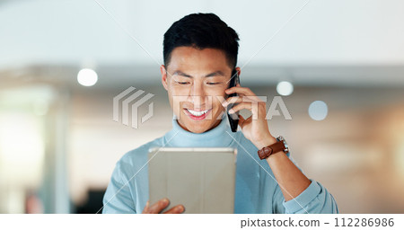 Business, phone call and Asian man with a tablet, smile and creative with connection, contact and internet. Japanese person, employee and entrepreneur with a smartphone, conversation and technology Business, phone call and Asian man with a tablet, smile and creative with connection, contact and internet. Japanese person, employee and entrepreneur with a smartphone, conversation and technology 112286986