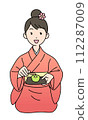 茶道：身著和服的女子端坐，手持茶點心 112287009