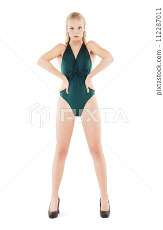 Fashion, portrait and woman in bodysuit on studio, white background and mockup in swimwear. Confidence, pride and person in leotard for lingerie, underwear or swimsuit with high heels and style Fashion, portrait and woman in bodysuit on studio, white background and mockup in swimwear. Confidence, pride and person in leotard for lingerie, underwear or swimsuit with high heels and style 112287011