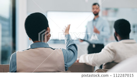 Business people, feedback and woman with questions, seminar and conference with corporate training, talking and audience. Presenter, crowd or coaching in a workshop, learning and why with information 112287015