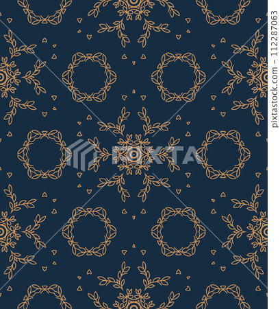 Blue and gold vintage seamless pattern. Floral ornamental luxury damask background. Elegance ornament 112287063