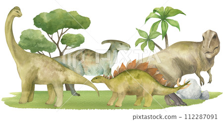 Horizontal banner or frame with dinosaurs,trees,grass. Watercolor illustration. Seamless pattern. For design of children's room decor, wallpaper, invitations, banners, websites, postcards, prints 112287091