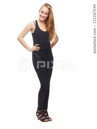 Happy woman, portrait and fashion with hair in studio, simple black outfit and casual style with shine isolated on white background. Model with smile, haircare and confident pose in designer clothes Happy woman, portrait and fashion with hair in studio, simple black outfit and casual style with shine isolated on white background. Model with smile, haircare and confident pose in designer clothes 112287244