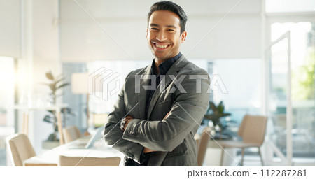 Crossed arms, happy and business Asian man in office for leadership, empowerment and success. Corporate, manager and portrait of person with funny joke in workplace for ambition, pride and confidence 112287281