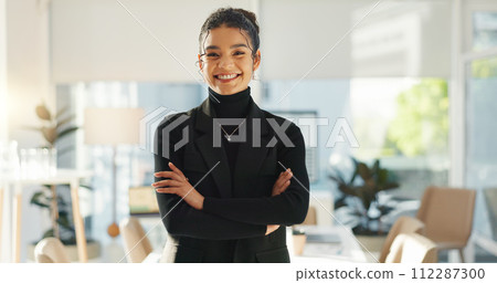 Crossed arms, happy and face of business woman in office for leadership, empowerment and success. Creative agency, startup and portrait of person smile in workplace for ambition, pride and confidence 112287300