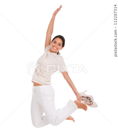 Woman, excited and jump in studio for success, winning and achievement with fashion, bonus or sale. Excited portrait of winner for freedom, yes or celebration in air with heels on a white background Woman, excited and jump in studio for success, winning and achievement with fashion, bonus or sale. Excited portrait of winner for freedom, yes or celebration in air with heels on a white background 112287314
