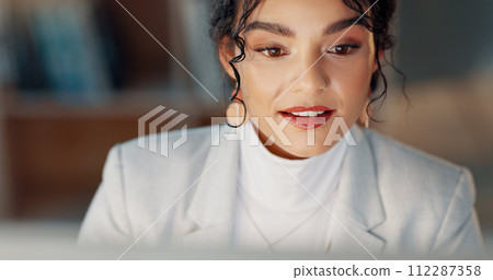 Happy woman at desk with computer, thinking or typing email, report or article at digital agency. Internet, research and businesswoman at tech startup with online review, networking project and smile 112287358