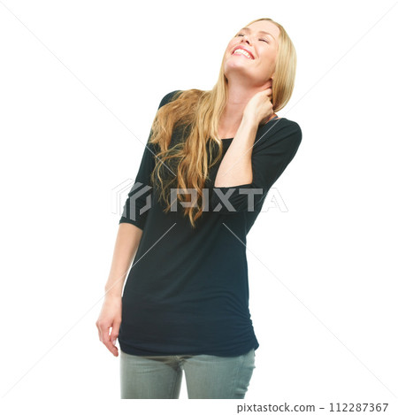 Happy woman, smile and laughing for fashion, style and casual clothes isolated on white background. British female person, model and face for funny joke, edgy outfits and trendy wardrobe in studio Happy woman, smile and laughing for fashion, style and casual clothes isolated on white background. British female person, model and face for funny joke, edgy outfits and trendy wardrobe in studio 112287367