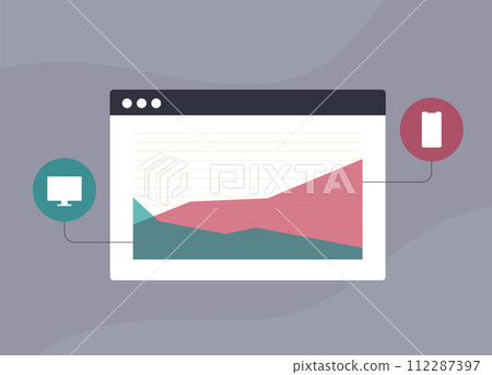 Mobile vs Desktop Usage Statistics. Mobile data traffic growth rates. SEO Mobile-first indexing - optimize marketing for mobile traffic. Vector illustration on grey background with icons 112287397