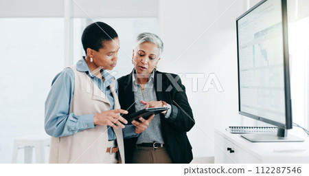 Women, team and computer screen or tablet for spreadsheet, business calendar or project timeline management. Professional manager or people on digital technology for marketing strategy and solution Women, team and computer screen or tablet for spreadsheet, business calendar or project timeline management. Professional manager or people on digital technology for marketing strategy and solution 112287546