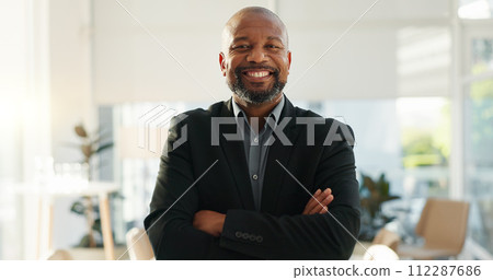 Crossed arms, happy and face of business black man in office for leadership, empowerment and success. Corporate, manager and portrait of person smile in workplace for ambition, pride and confidence 112287686