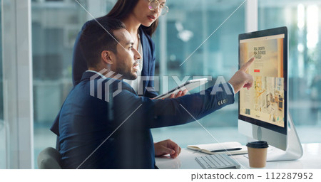 Business people, teamwork and planning on computer, tablet and comparison in multimedia research or report. Man and woman with Information technology solution, results or support for digital software Business people, teamwork and planning on computer, tablet and comparison in multimedia research or report. Man and woman with Information technology solution, results or support for digital software 112287952