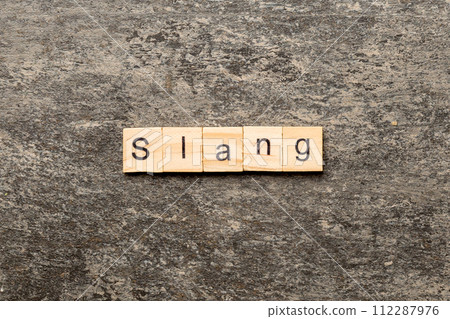 slang word written on wood block. slang text on table, concept slang word written on wood block. slang text on table, concept 112287976