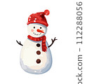 Snowman with a scarf, gloves and hat isolated in a white background in cartoon watercolor style. Flat design. Vector illustration. 112288056