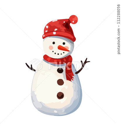 Snowman with a scarf, gloves and hat isolated in a white background in cartoon watercolor style. Flat design. Vector illustration. Snowman with a scarf, gloves and hat isolated in a white background in cartoon watercolor style. Flat design. Vector illustration. 112288056