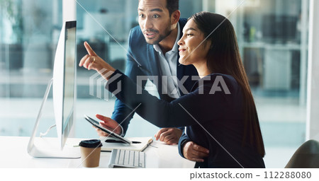 Business people, teamwork and planning on computer, tablet and comparison in multimedia research or report. Man and woman with Information technology solution, results or support for digital software 112288080