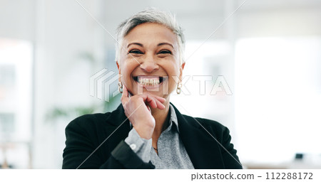 Senior woman, business ceo and laughing face in a office with consultant manager confidence. Funny, comedy and happy professional employee at a company with job at consultation agency with a smile Senior woman, business ceo and laughing face in a office with consultant manager confidence. Funny, comedy and happy professional employee at a company with job at consultation agency with a smile 112288172