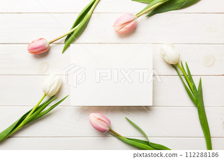 Composition with blank card and beautiful flowers tulip on coloredbackground. top view with space for you desing Composition with blank card and beautiful flowers tulip on coloredbackground. top view with space for you desing 112288186