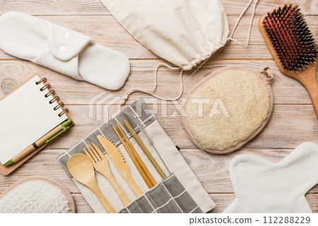 Zero waste concept. Eco-friendly home daily accessories. top view Zero waste concept. Eco-friendly home daily accessories. top view 112288229