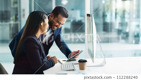 Business people, teamwork and planning on computer, tablet and comparison in multimedia research or report. Man and woman with Information technology solution, results or support for digital software Business people, teamwork and planning on computer, tablet and comparison in multimedia research or report. Man and woman with Information technology solution, results or support for digital software 112288240