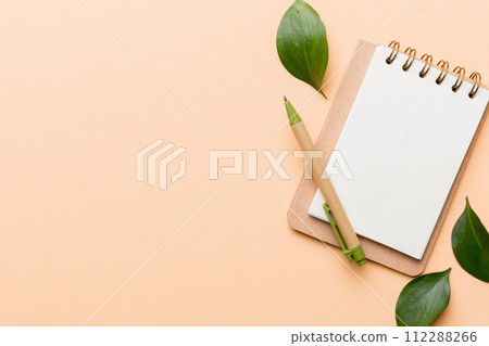 eco-friendly Empty notebook with pen and green leaf on Colored background for note eco-friendly Empty notebook with pen and green leaf on Colored background for note 112288266