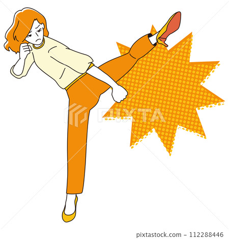 A woman doing a roundhouse kick with heels A woman doing a roundhouse kick with heels 112288446
