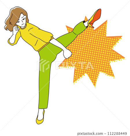 A woman doing a roundhouse kick with heels 112288449