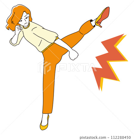 A woman doing a roundhouse kick with heels 112288450